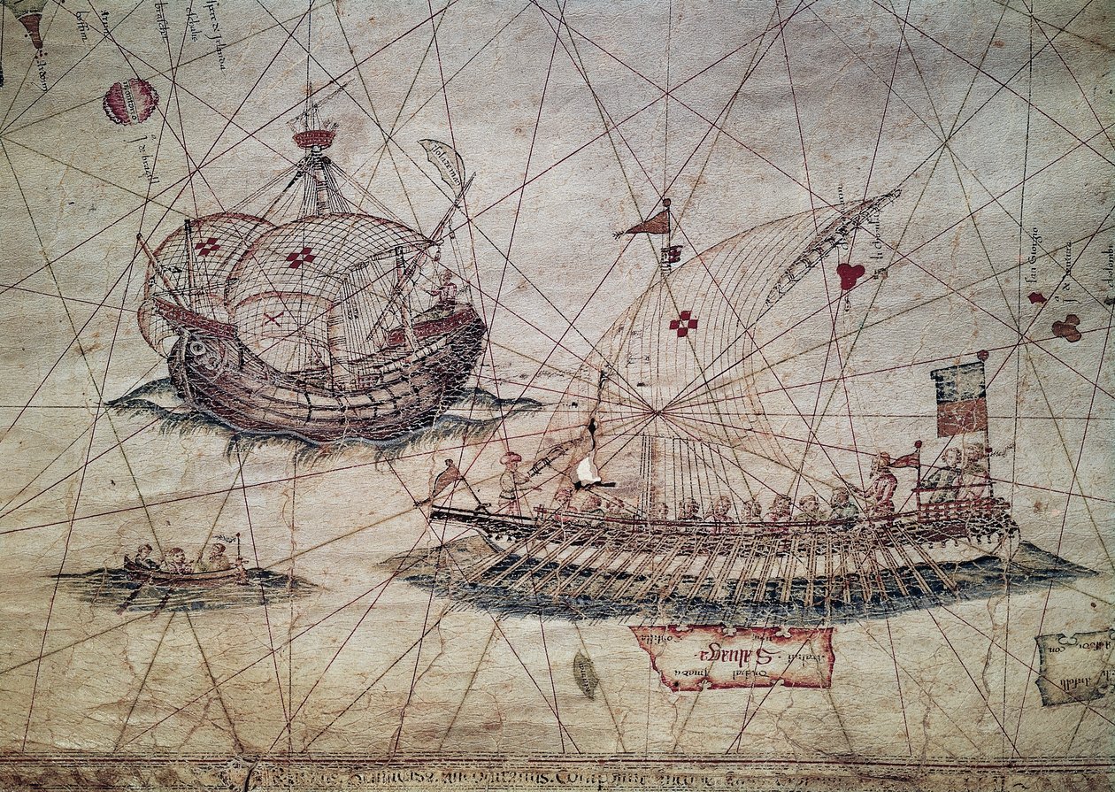Galère et caravelle portugaise (détail de la carte nautique de la Méditerranée) - Grazioso Benincasa