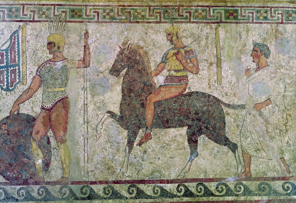 Cavalier et un soldat à pied, peinture de tombe de Paestum - Greek