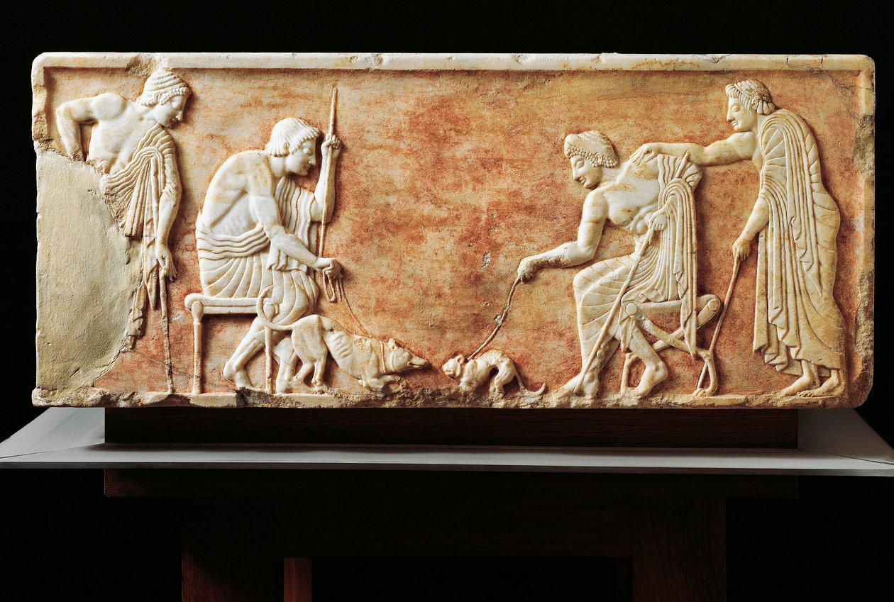 Stèle représentant un combat entre un chien et un chat, 510 av. J.-C. (relief) - Greek