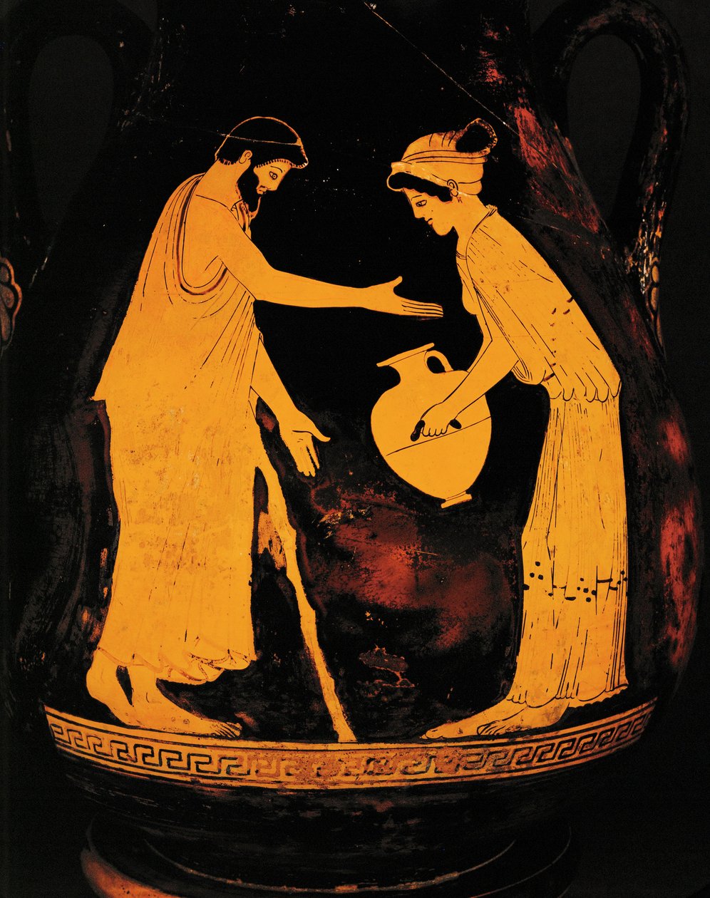 Homme avec canne et femme avec hydrie ... - Greek Greek