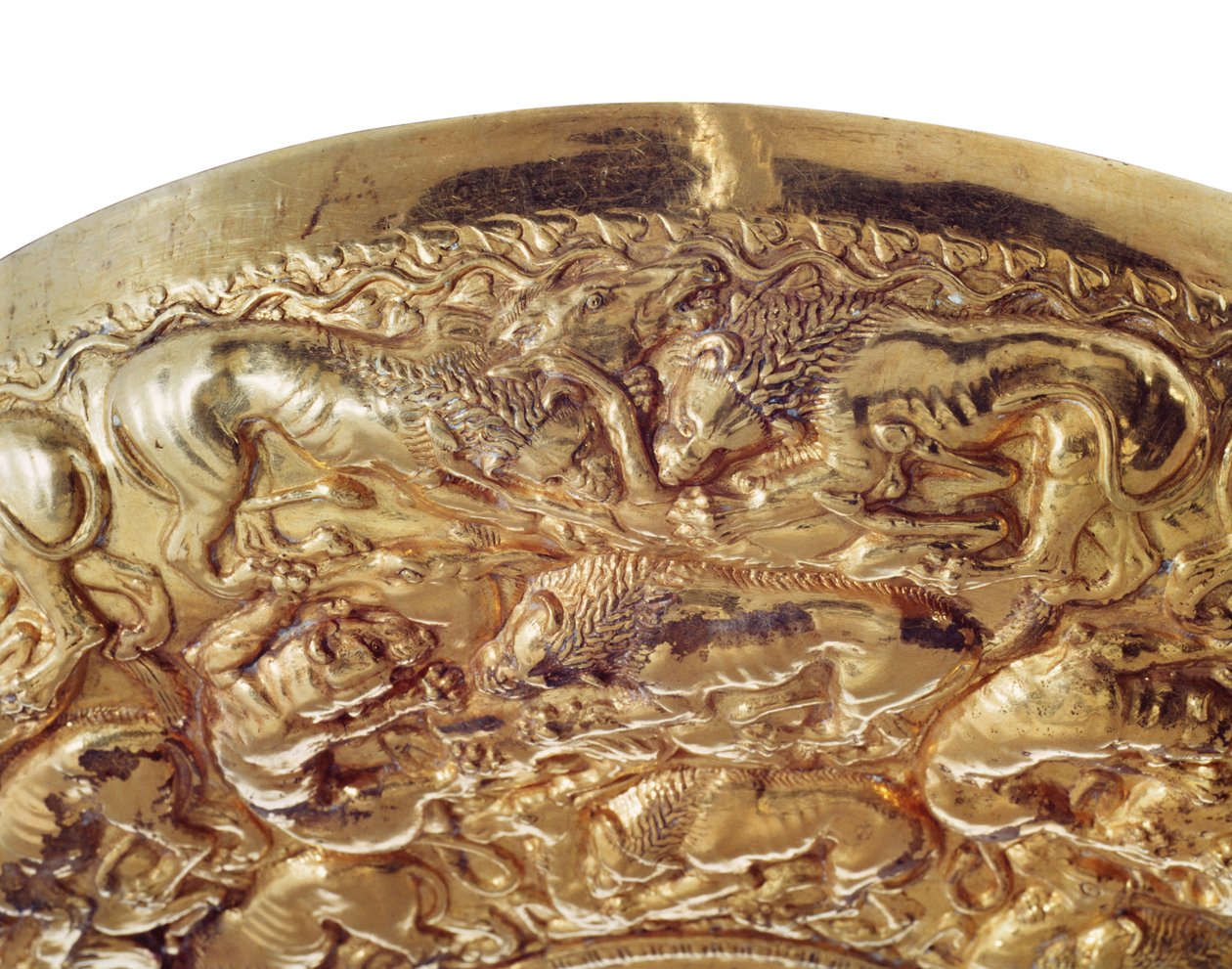 Bol de libation avec décorations en relief en forme de lions et panthères (or) - Greek School