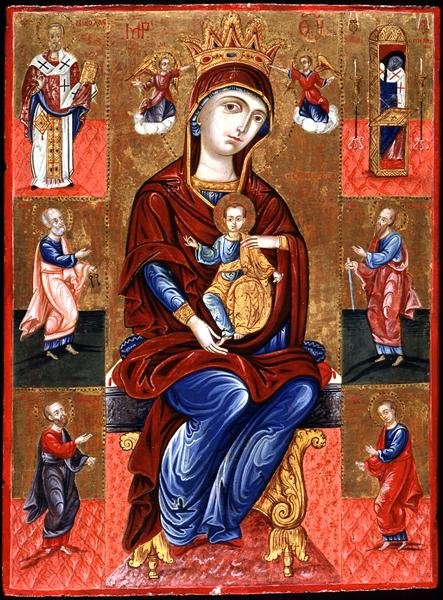 Vierge de Skopiotisa en trône avec le Christ et six saints, vers 1700 - Greek School