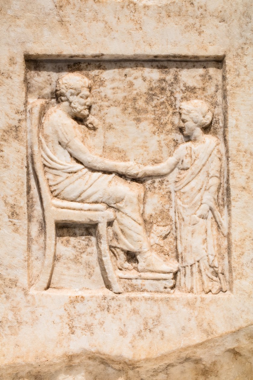 Stèle funéraire : jeune fille et son père avec un chien (Marbre) - Greek School