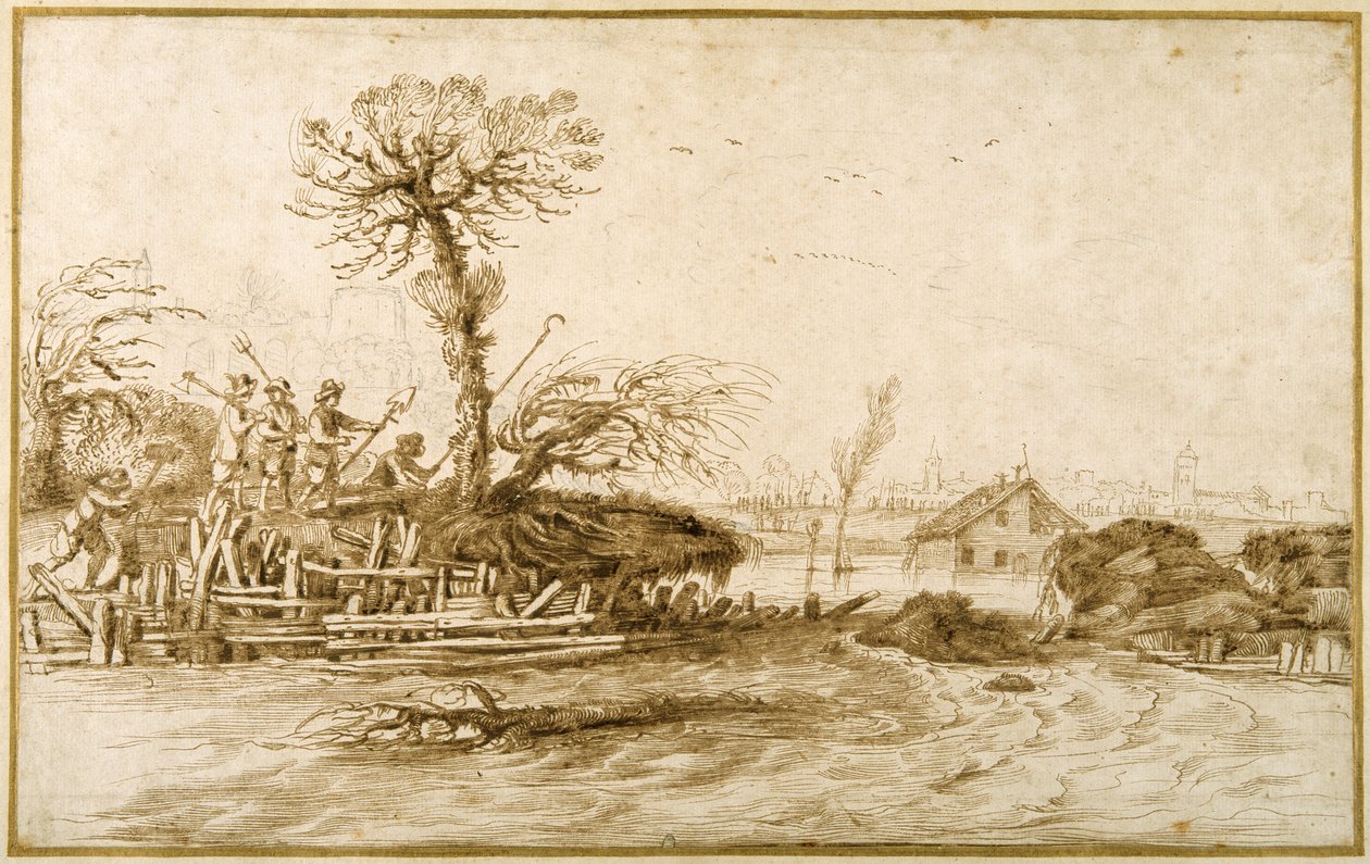 Une rivière en crue, et des paysans avec des haches et d