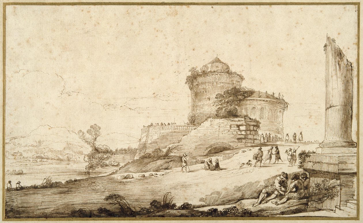 Paysage avec une colonne brisée, un château et de nombreuses figures au premier plan à droite - Guercino