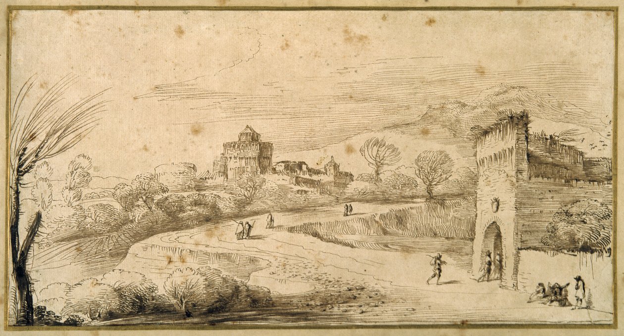 Paysage avec une porte crénelée et une route sinueuse - Guercino