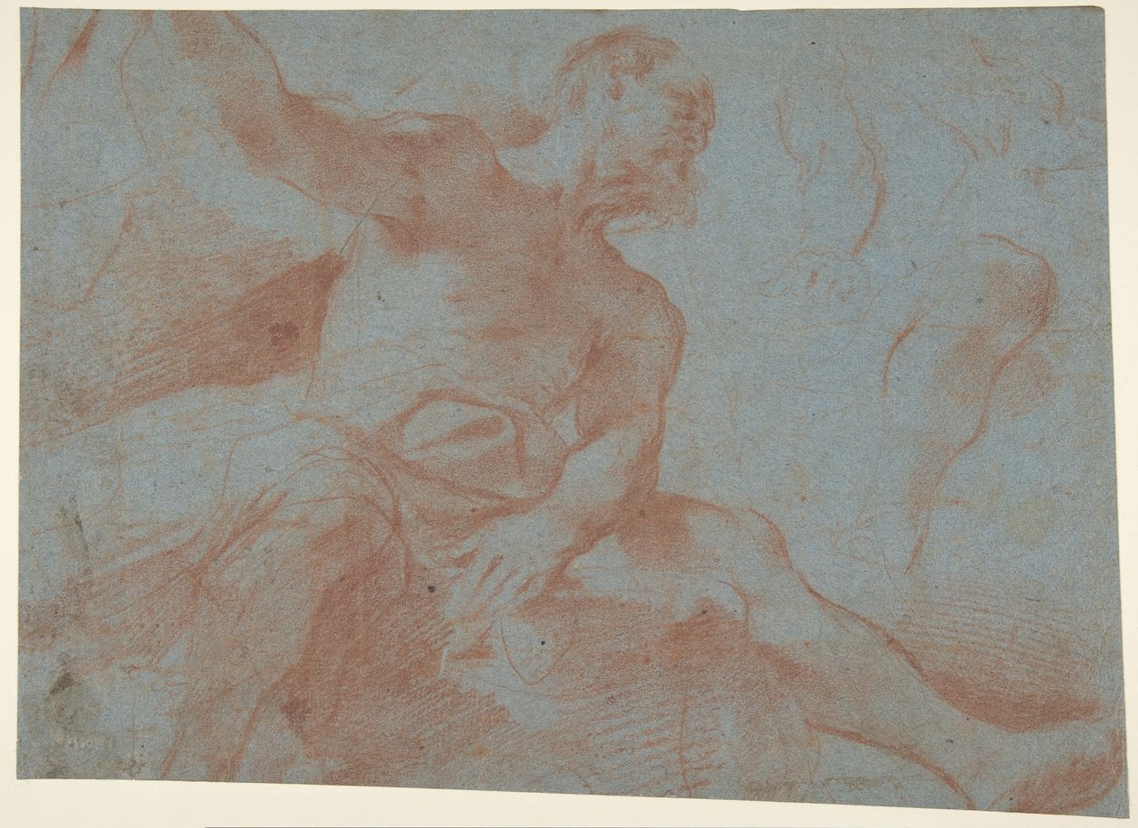 Vieil homme assis avec le bras droit levé (Tithonus) (recto) - Guercino