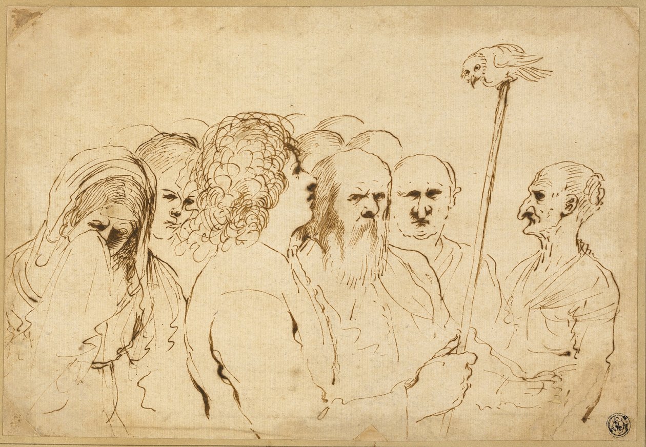 Groupe de figures, avec hibou sur un poteau - Guercino