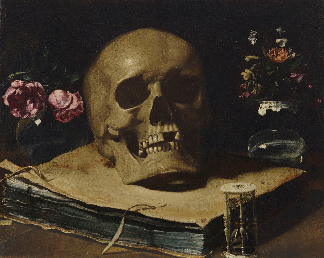 Guercino - Nature morte en vanité avec un crâne surmontant un livre, un sablier et deux vases de fleurs en verre - Guercino