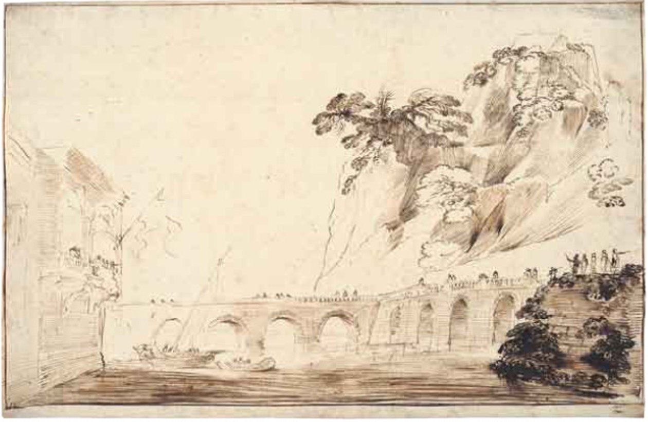 Paysage avec une rivière traversée par un pont, bordée de spectateurs, menant à un bâtiment avec une loggia surplombante avec une fête de spectateurs - Guercino