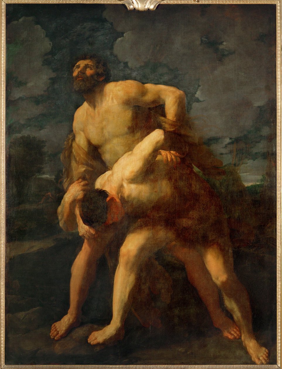 Hercule lutte avec le dieu du fleuve Achelaos, qui aime aussi Dejaneira, mais perd le combat et la nymphe ... - Guido (follower of) Reni