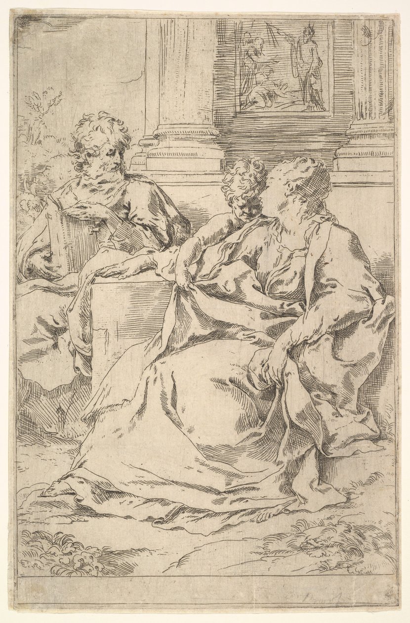 La Sainte Famille avec scène scripturaire en arrière-plan - Guido Reni