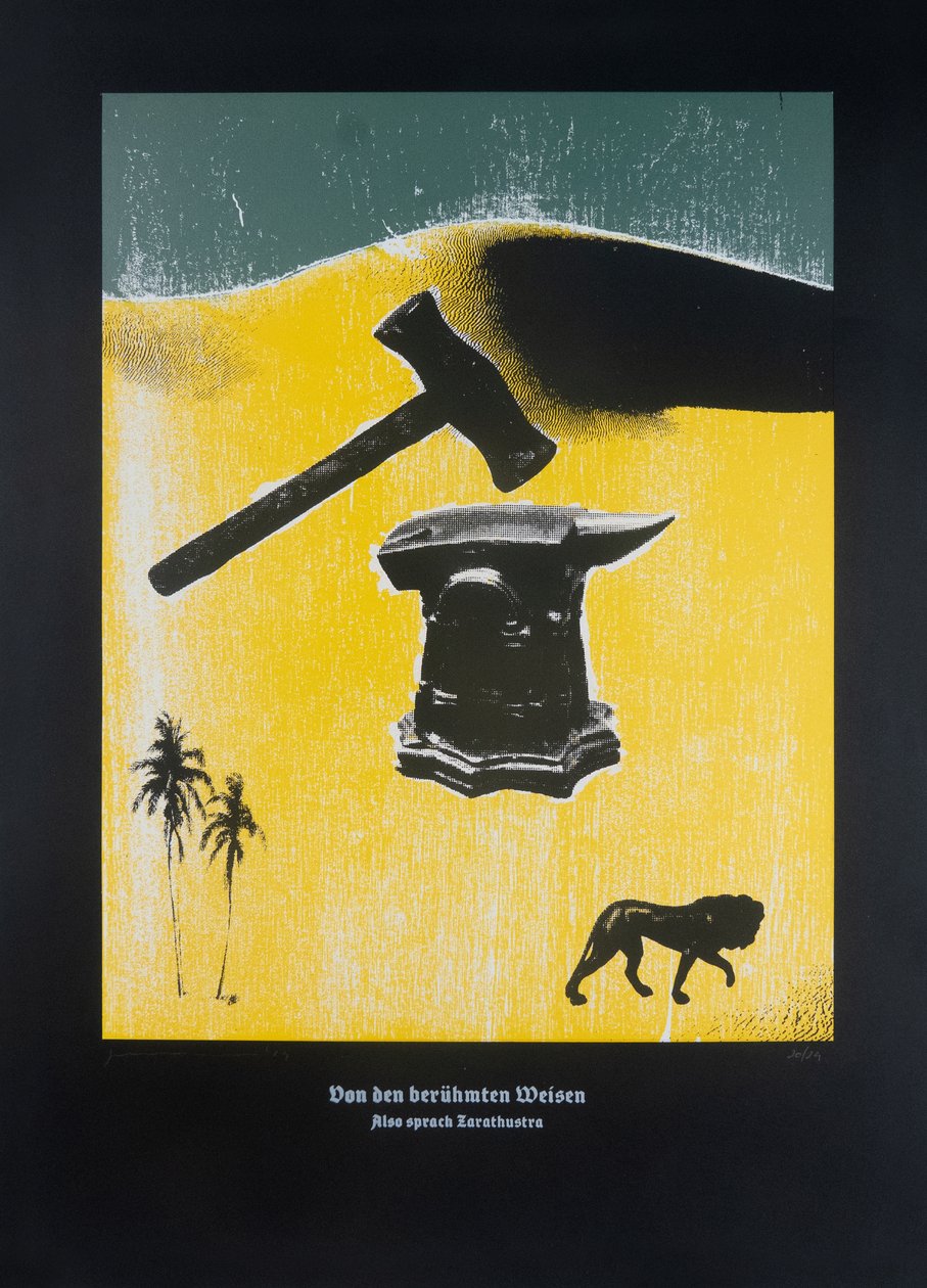 Sur les fameux sages, Ainsi parlait Zarathoustra, 2024 (gravure sur bois et sérigraphie) - Guilherme Pontes