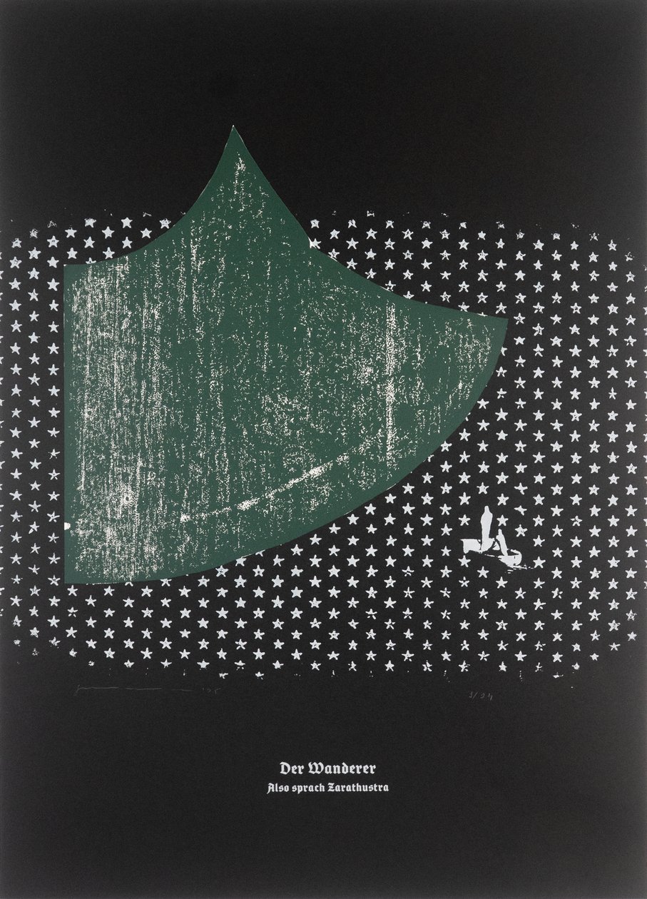Le vagabond, Ainsi parlait Zarathoustra, 2025 (gravure sur bois et sérigraphie) - Guilherme Pontes