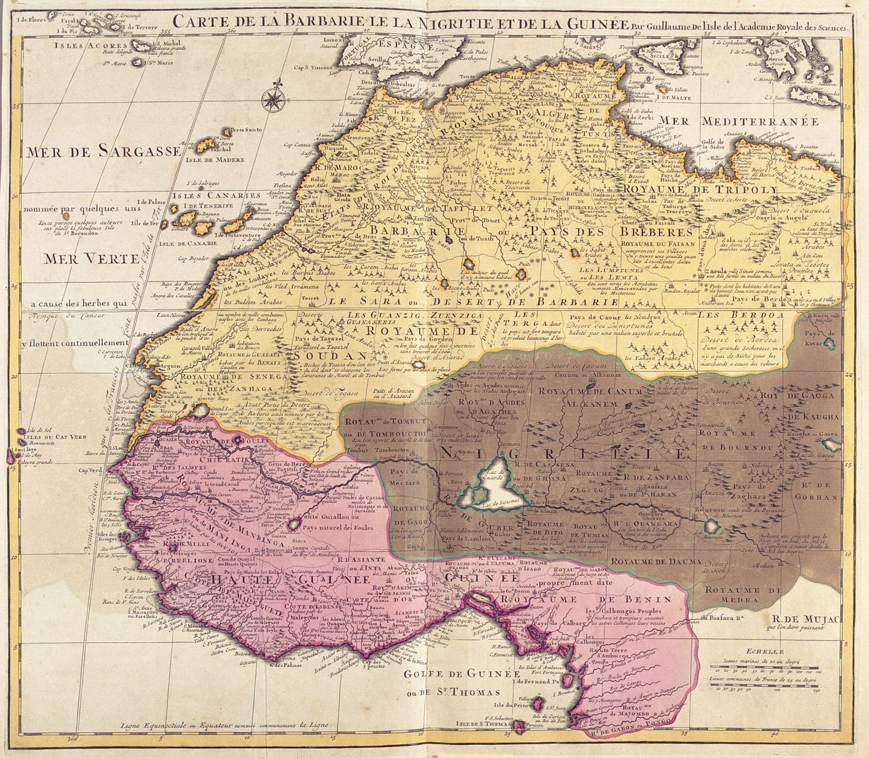 Carte de Barbarie (Maroc, Algérie, Tunisie, Libye), Nigritude (Mali, Burkina Faso, Niger) et Guinée (Sénégal, Guinée, Sierra Leone, Liberia, Côte d