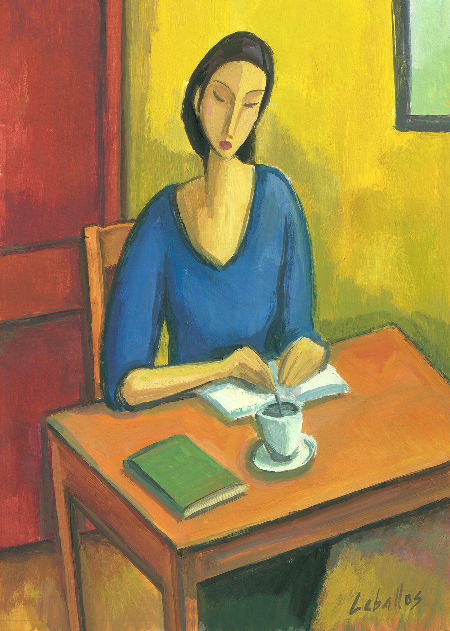 Fille avec des livres et du café, 2010 (gouache sur papier) - Guillermo Martí Ceballos