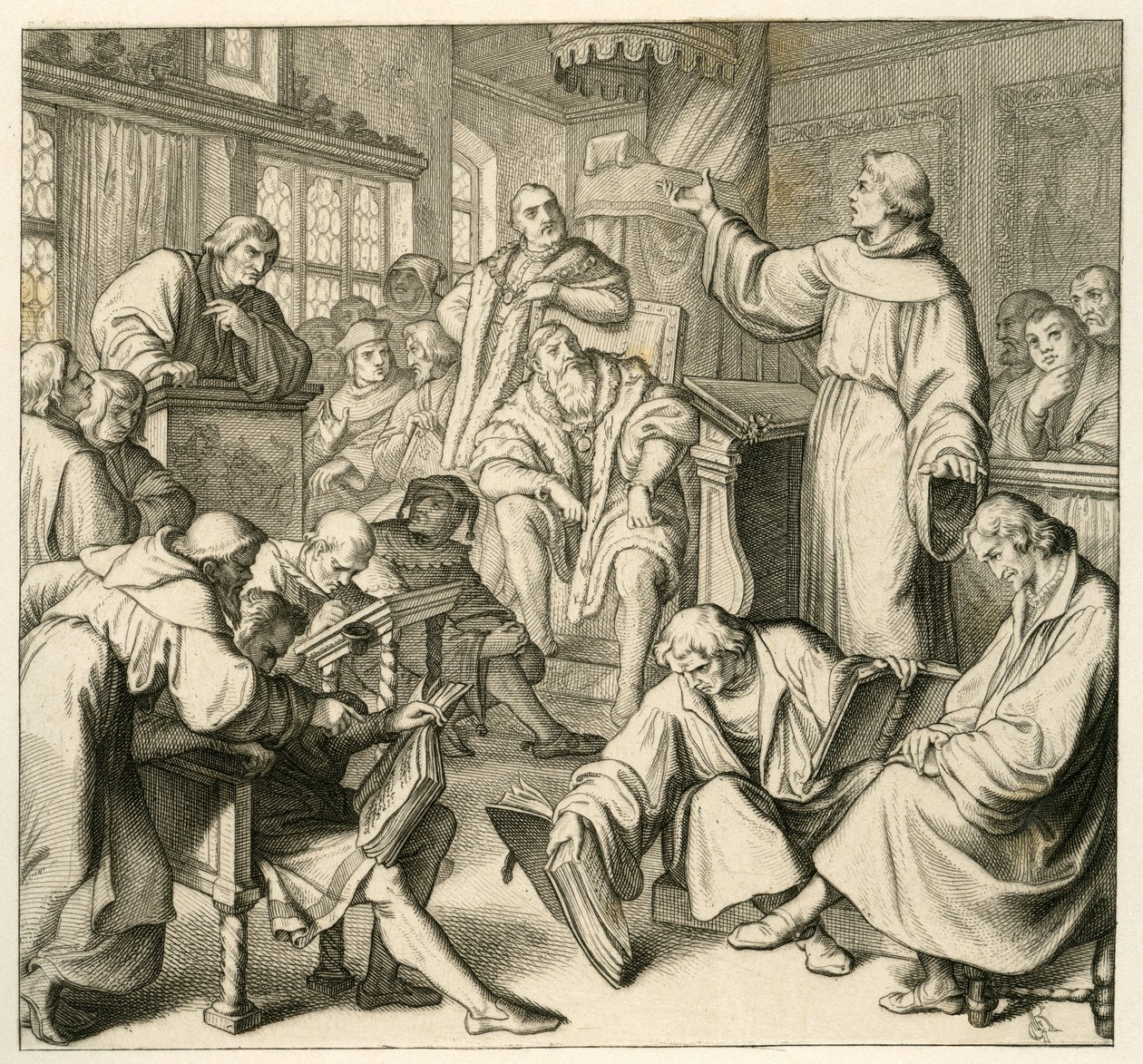 Martin Luther en discussion avec Dr. Johannes Eck (Johann Maier von Eck) (1486-1543), à côté de Luther se trouvent Philipp Melanchthon (1497-1560) et Karlstadt (Andreas Rudolf Bodenstein von Karlstadt) - Gustav Ferdinand Leopold Konig
