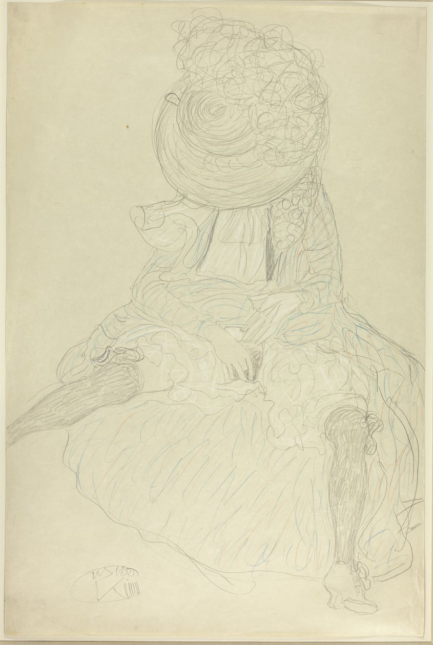 Femme assise de face avec chapeau, visage voilé - Gustav Klimt