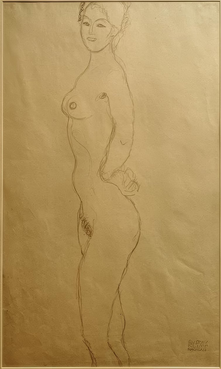 Nu féminin debout vers la gauche, la main dans la... - Gustav Klimt