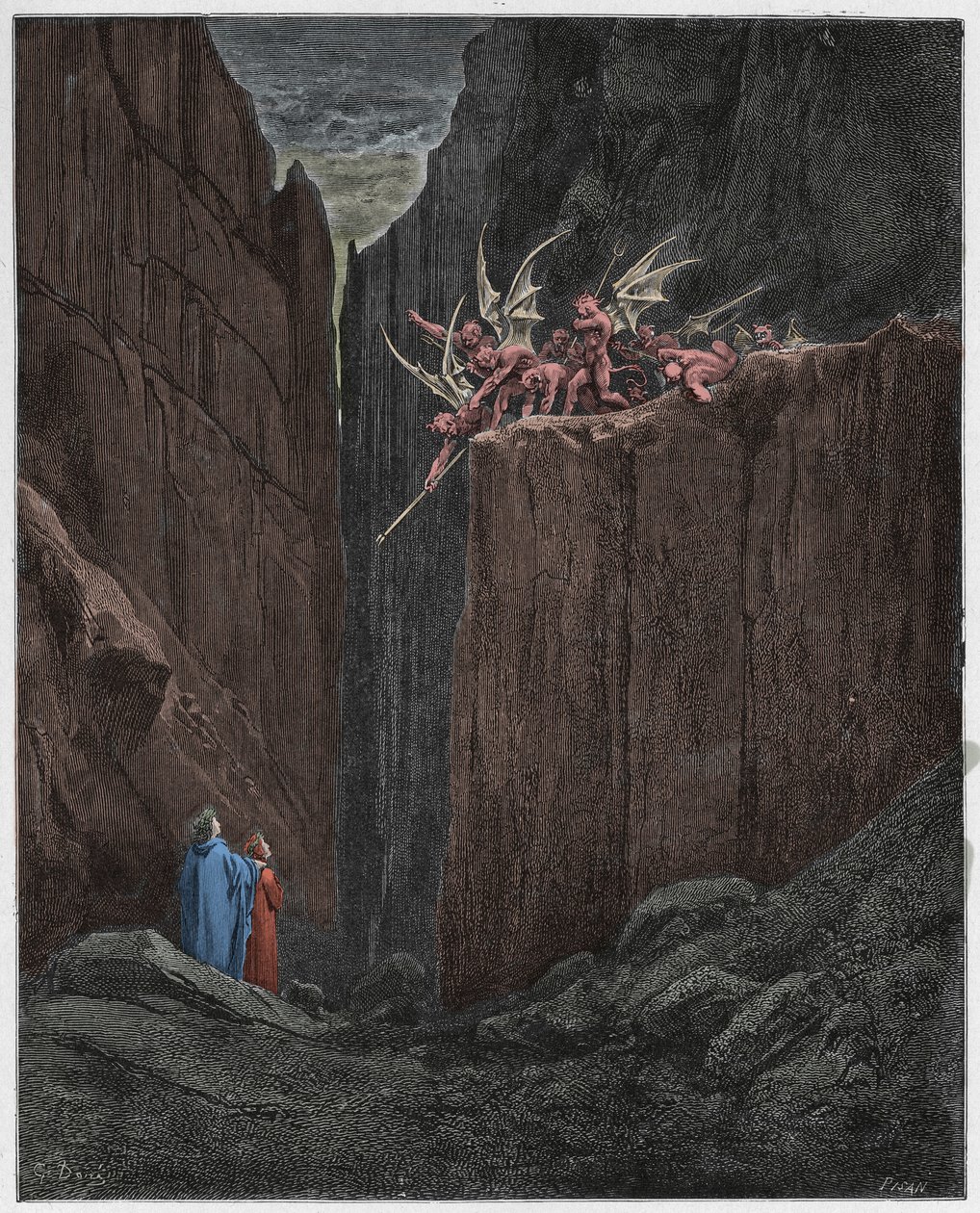 Inferno, Chant 23 : Les poètes échappent aux démons de la cinquième bolgia, illustration de La Divine Comédie de Dante Alighieri, 1885 - Gustave after Dore