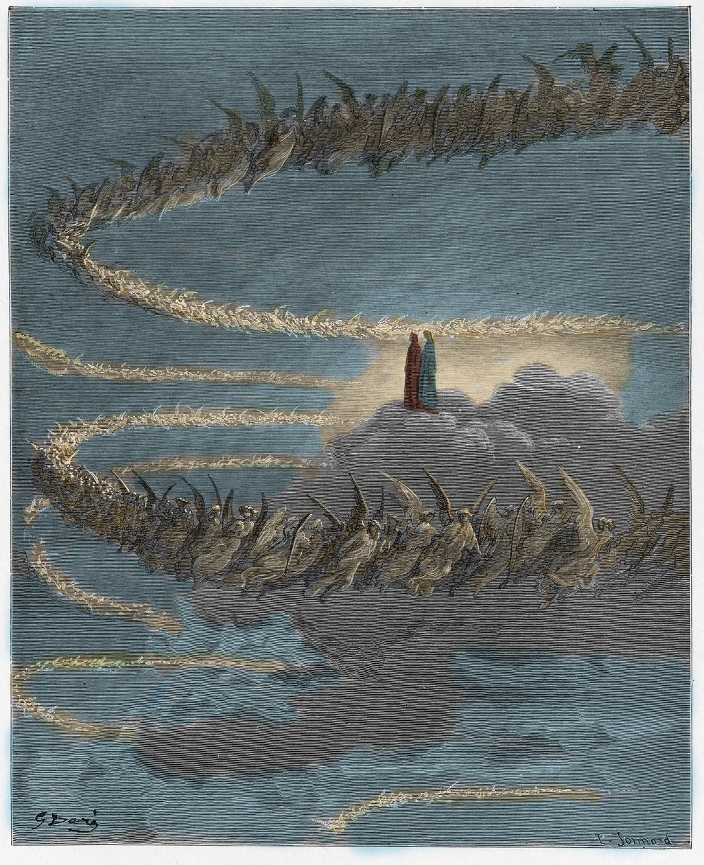 Paradis, Chant 18 : Dans la sphère de Jupiter, les âmes bénies forment des lettres, illustration de La Divine Comédie de Dante Alighieri, 1885 (gravure colorée numériquement) - Gustave after Dore