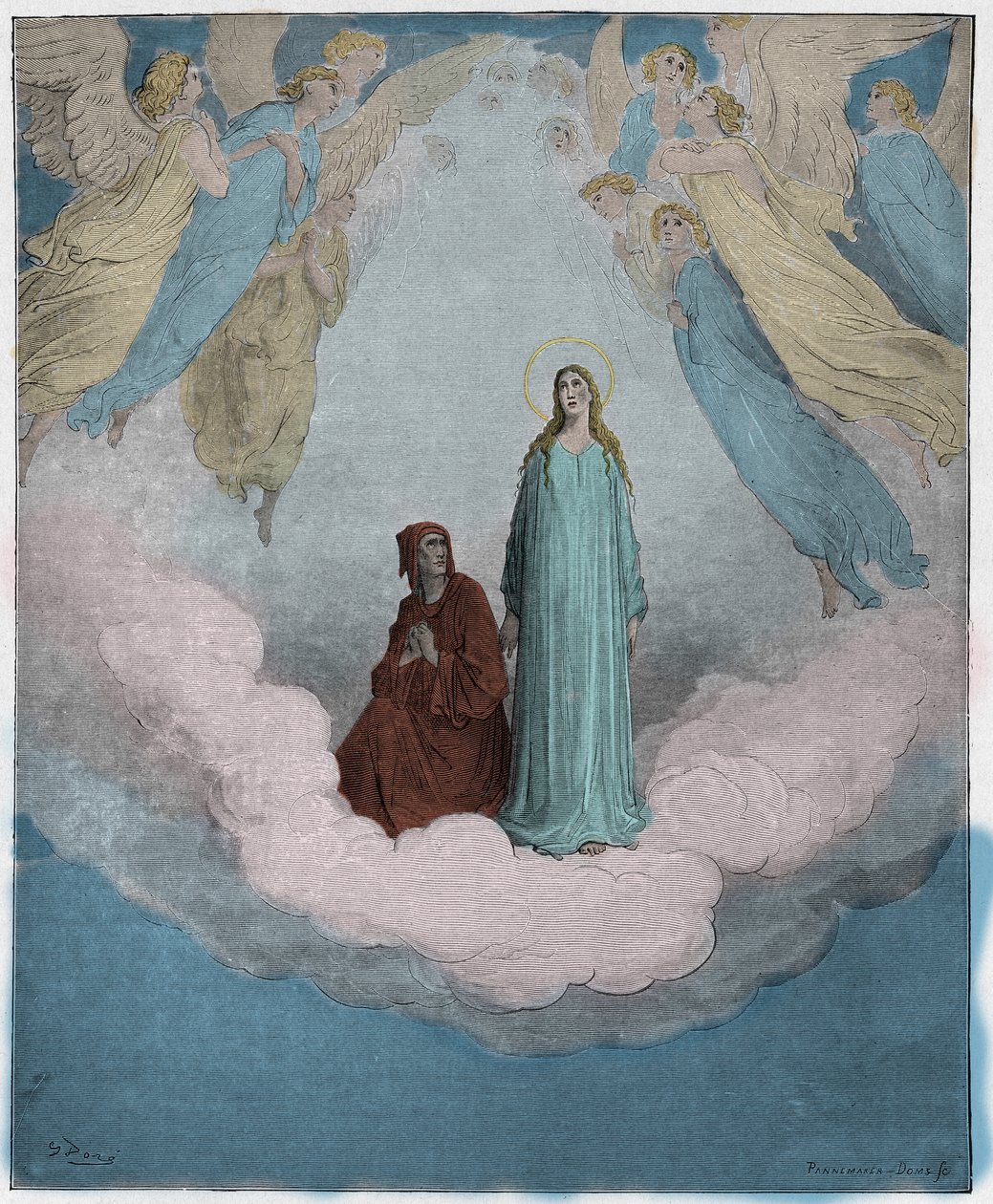 Paradis, Chant 21 : Béatrice bénie dans le septième cercle, illustration de La Divine Comédie de Dante Alighieri, 1885 (gravure colorée numériquement) - Gustave after Dore