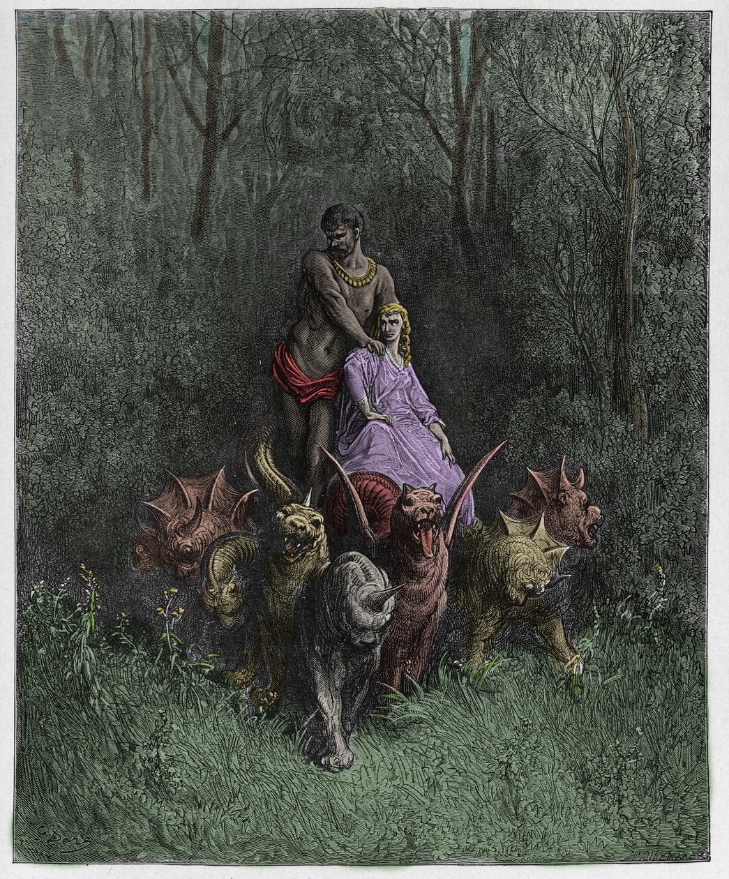 Purgatoire, Chant 32 : Le géant et la prostituée dans le char, illustration de La Divine Comédie de Dante Alighieri, 1885 (gravure colorée numériquement) - Gustave after Dore