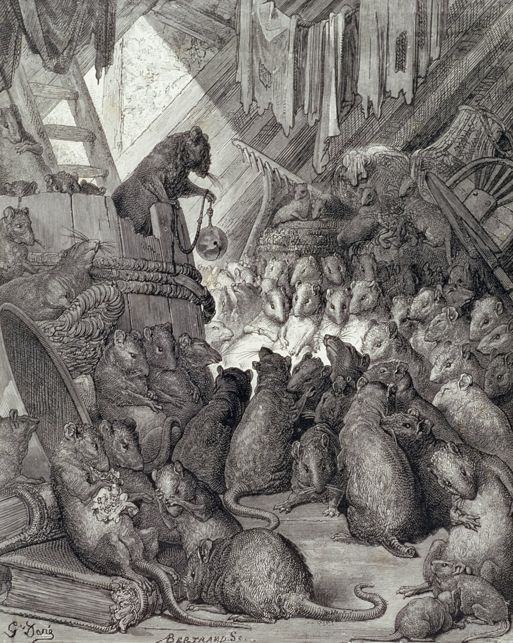 Le Conseil tenu par les rats, des Fables de La Fontaine, gravé par Antoine Valérie Bertrand - Gustave (after) Dore