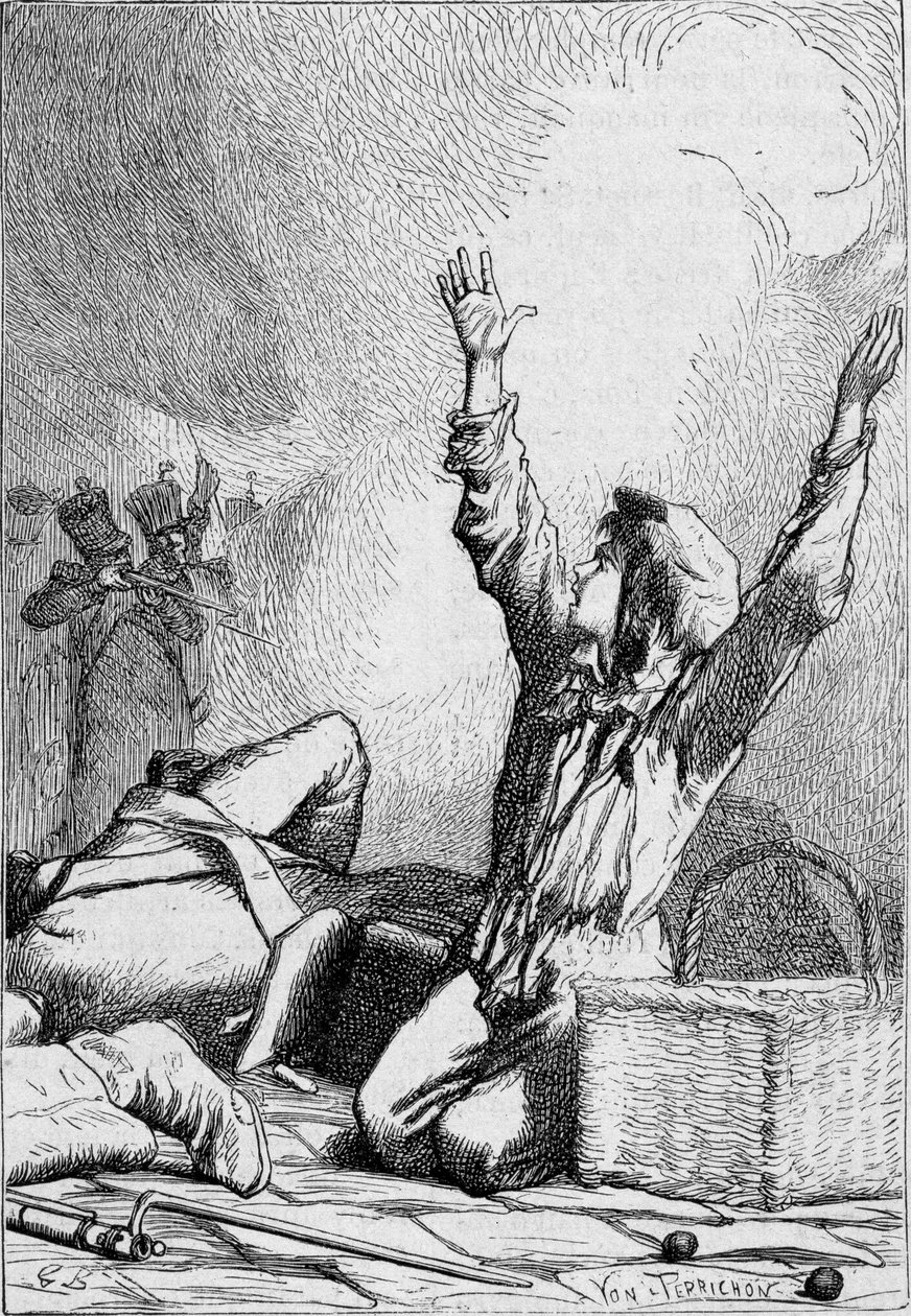 Gavroche tombe sur les barricades - dans "Les Misérables" par Victor Hugo, ill. par Brion, éd. Hetzel et Lacroix - Gustave Brion