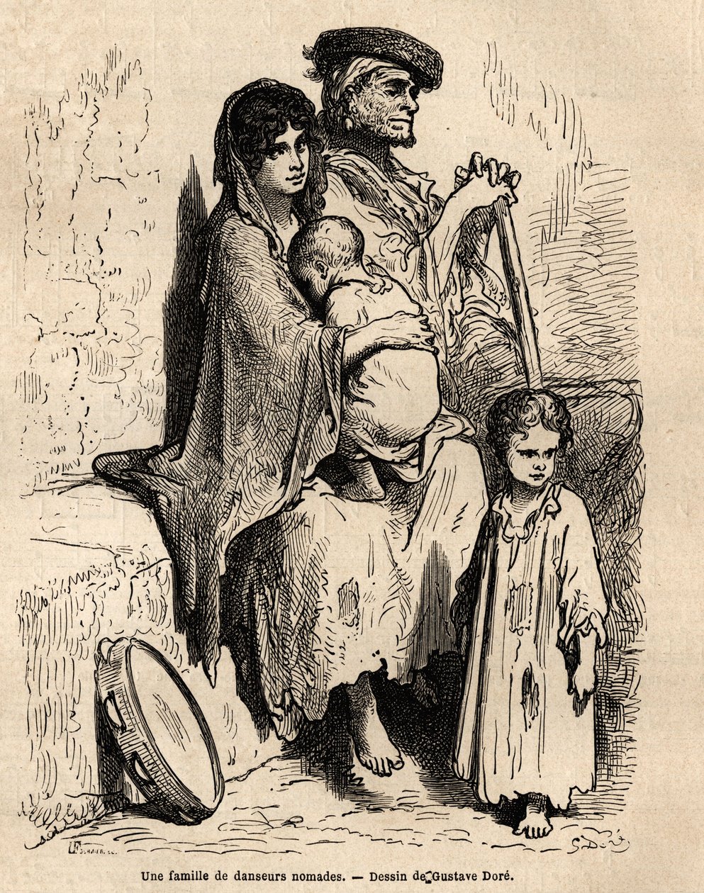 Une famille de danseurs nomades se reposant dans les rues de Séville. Croquis pris sur le vif par Gustave Doré (1832-1883). Gravure pour illustrer le voyage en Espagne, en 1862 par Charles Davillier et Gustave Doré, dans « Le tour du monde, nouveau journal - Gustave Dore