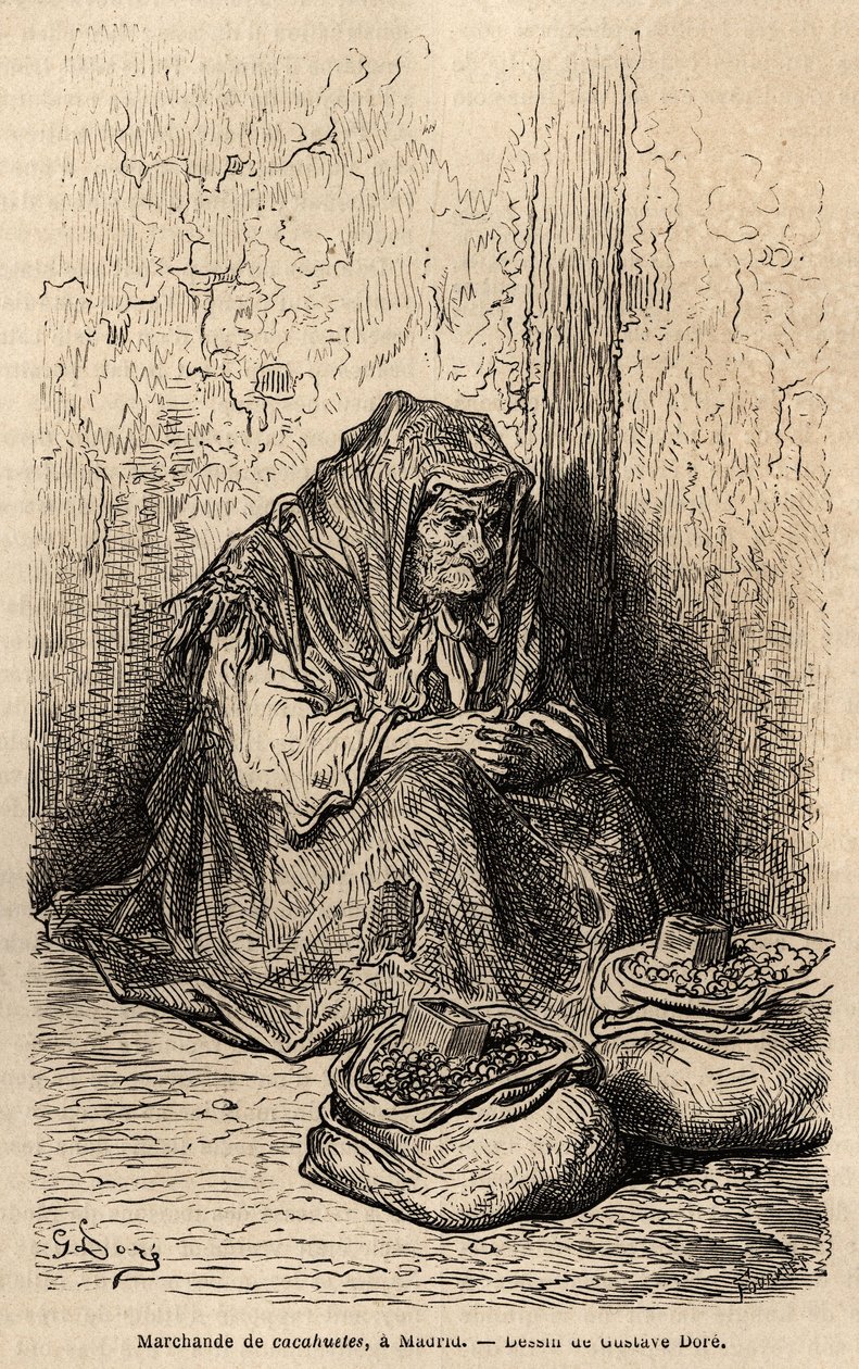 Un marchand de cacahuètes, croquis sur le vif à la Puerta del Sol, à Madrid. Gravure par Gustave Doré (1832-1883) pour illustrer son voyage en Espagne, avec Ch. Davillier (rédacteur), en 1862, publiée dans « Le tour du monde » 1869, éditée par Edouard Char - Gustave Dore