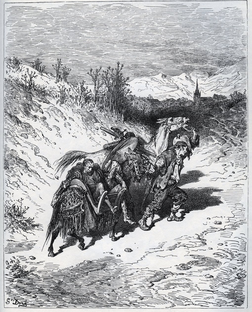Un laboureur ramène Don Quichotte et Rossinante au village - de "Don Quichotte de la Manche" de Miguel Cervantes - Gustave Dore