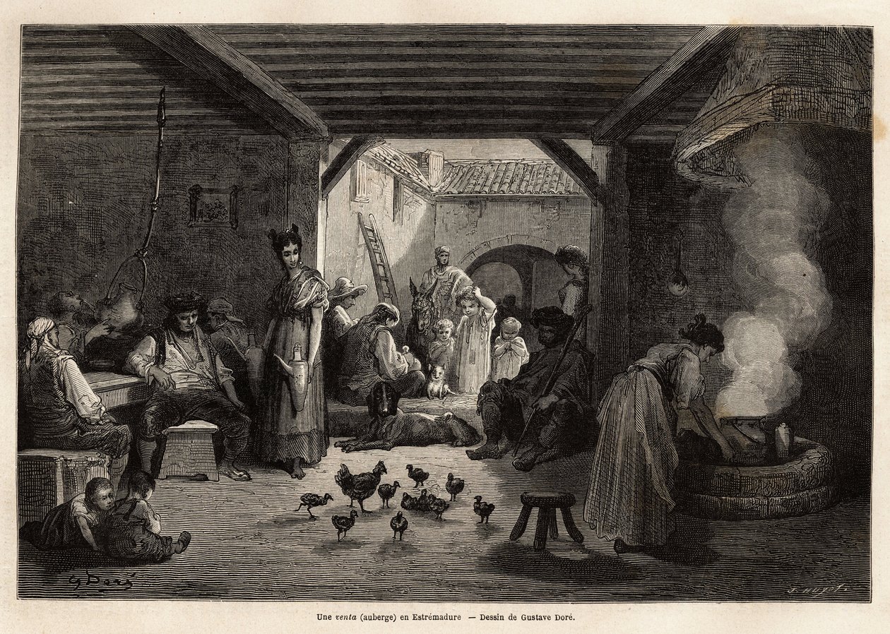 Une auberge (vente) en Estrémadure, qui accueille ouvriers et voyageurs ainsi que divers animaux domestiques ou non, on peut boire à la cruche commune suspendue aux poutres ou individuellement et on peut aussi manger une soupe toujours sur le feu. Gravure  - Gustave Dore