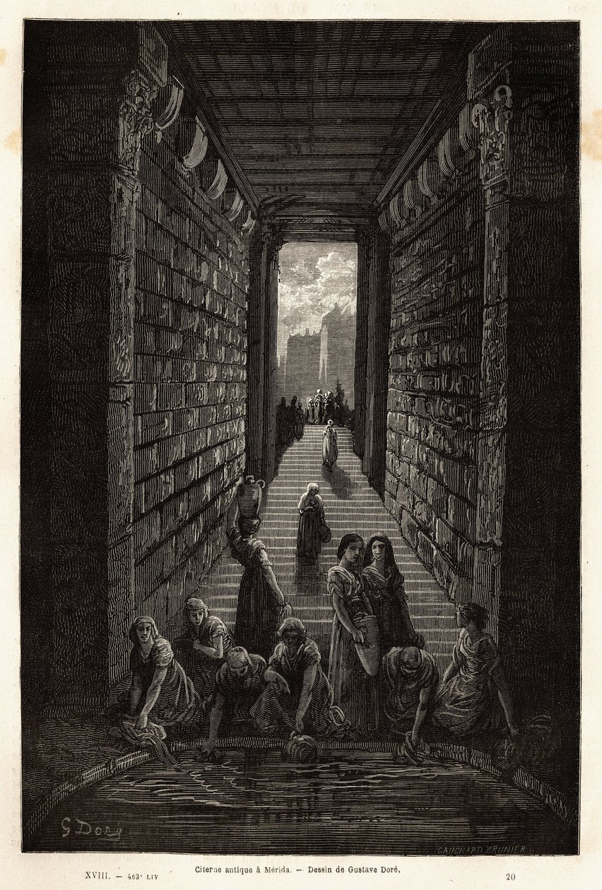 Une citerne antique, encore en usage, à Mérida. Gravure pour illustrer le voyage en Espagne par Gustave Doré (1832-1883) illustrateur et le baron Ch. Davillier rédacteur, en 1862, publié dans « Le tour du monde, nouveau journal des voyages » - Gustave Dore