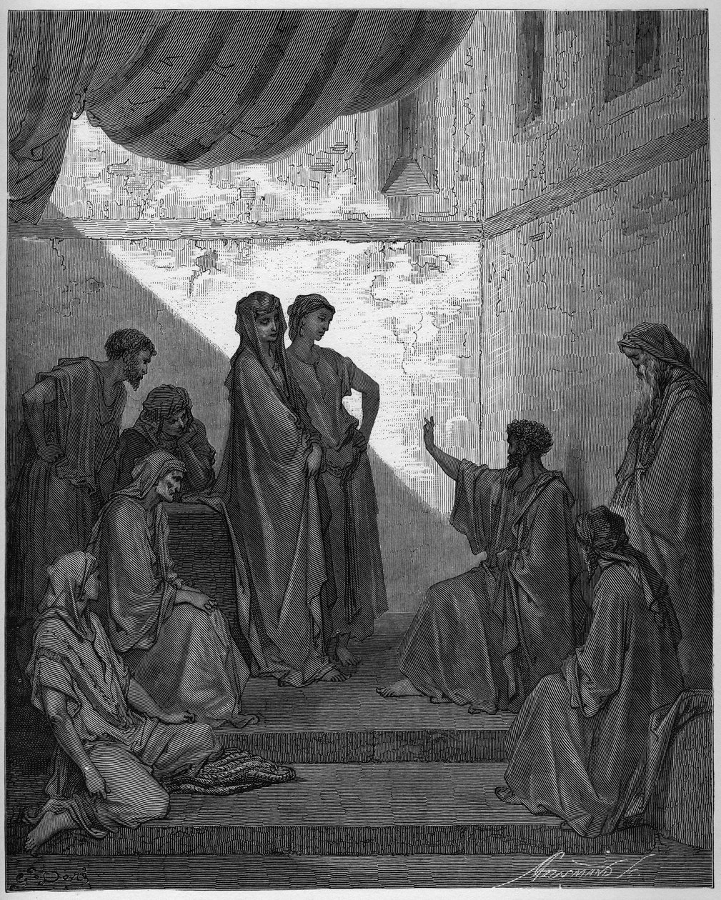 Baptême de Corneille le Centurion - Corneille le Centurion reçoit la foi de Jésus-Christ et est baptisé par Saint Pierre. - Gravure dans « La Bible illustrée » par Gustave Doré (1832-1883) - Gravure de « La Bible de Doré » - Gustave Dore