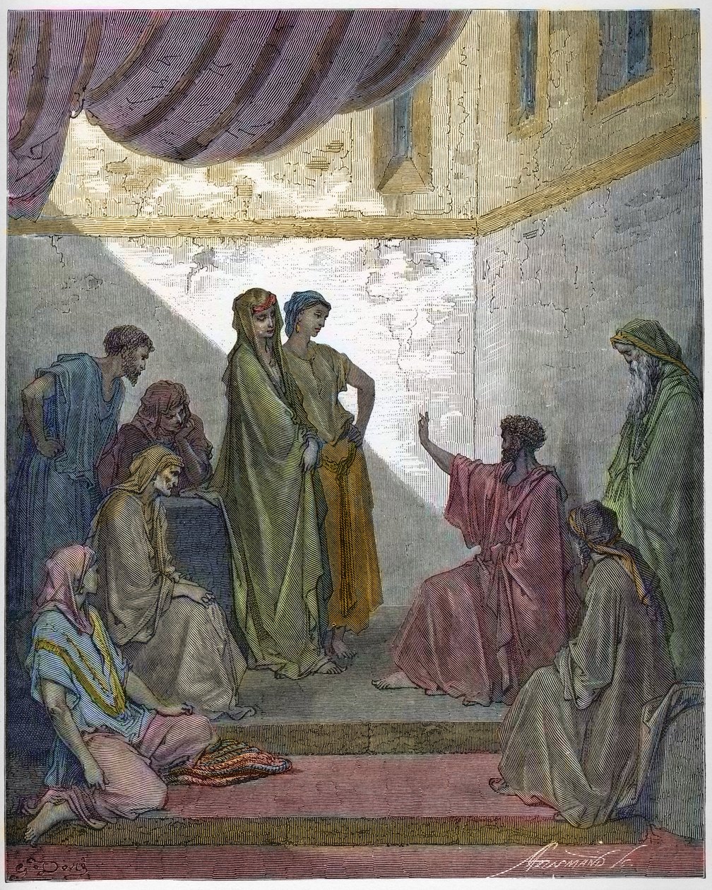Baptême de Corneille le Centurion - Corneille le Centurion reçoit la foi de Jésus-Christ et est baptisé par Saint Pierre. - Gravure dans « La Bible illustrée » par Gustave Doré (1832-1883) - Gravure de « La Bible de Doré » - Gustave Dore