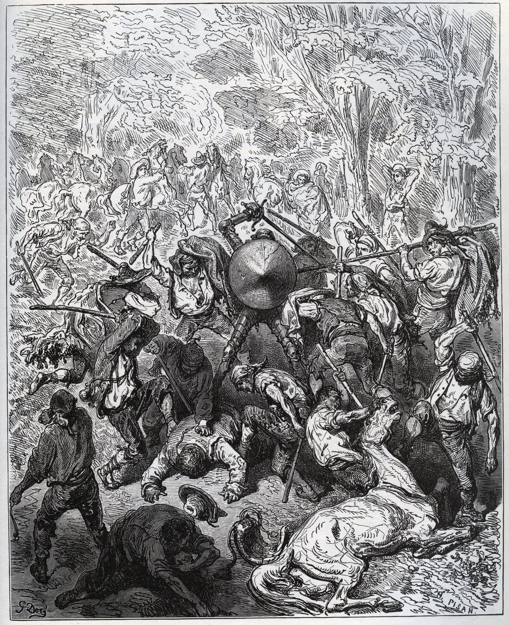 Bataille avec les muletiers - Les Yangois ont utilisé leurs bâtons - de "Don Quichotte de la Manche" par Miguel Cervantes (1547-1616) - Gravure sur bois d