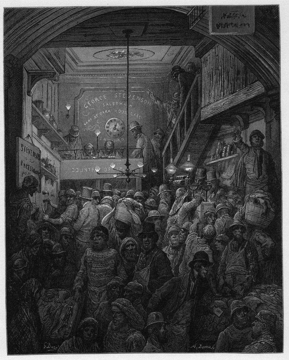 Billingsgate - Vente de poisson à la criée. Illustration pour Londres par Louis Enault illustrée par Gustave Doré - Gustave Dore