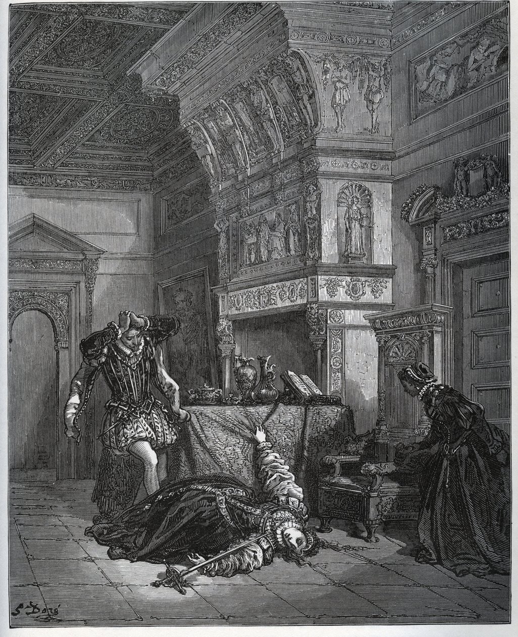 Camille feint le suicide devant Lothaire et Léonella - de « Don Quichotte de la Manche » par Miguel Cervantes - Gravure sur bois d