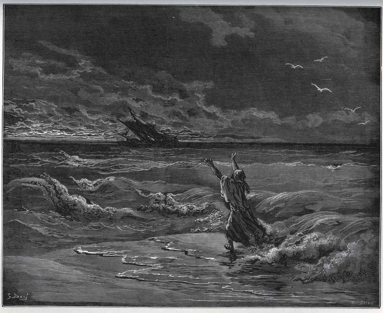 Histoire du captif. Aagi-Morato, le père de Zoraïde, est en barque sur le rivage de « Don Quichotte de la Manche » par Miguel Cervantes (1547-1616) (Don Quichotte) - Gravure sur bois d