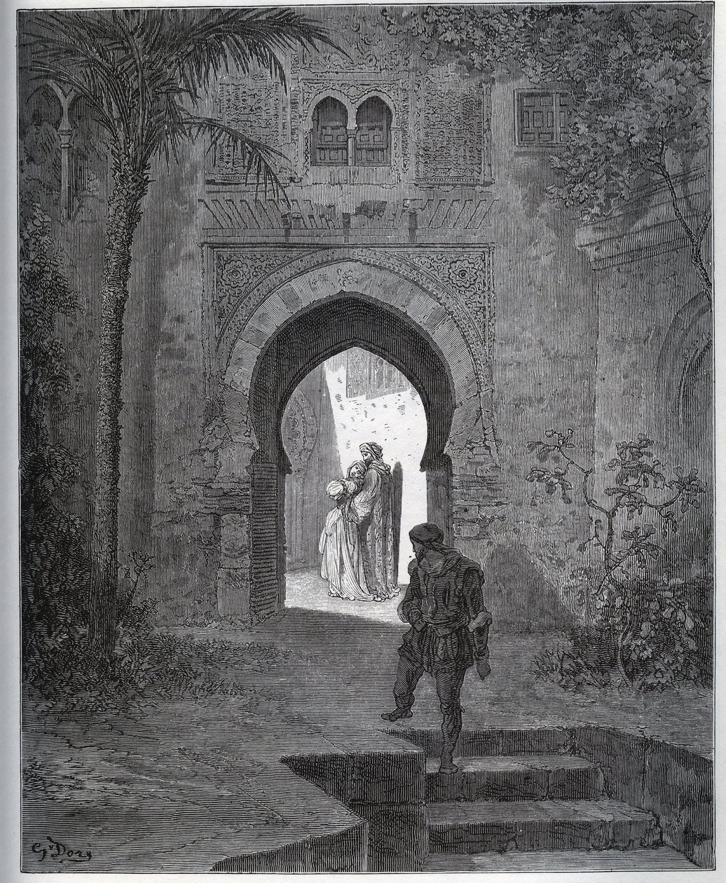 Histoire de captive. Première rencontre de la captive avec Zoraïde dans le jardin du père, qui la ramène après sa feinte malaise - de "Don Quichotte de la Manche" de Miguel Cervantes - Gustave Dore