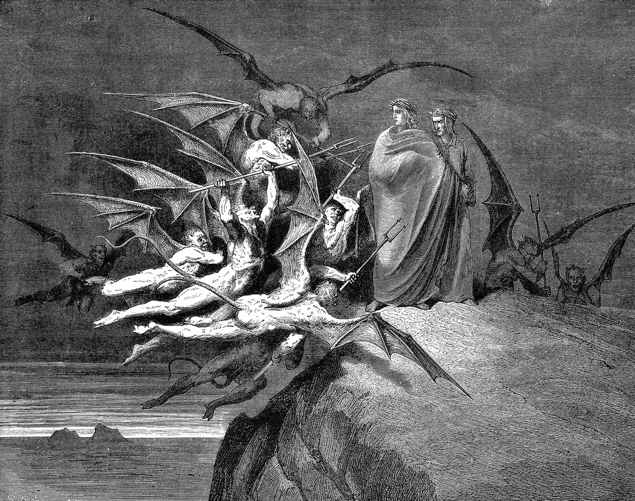 Dante et Virgile assaillis par des démons dans leur passage à travers le huitième cercle, 1861 - Gustave Dore