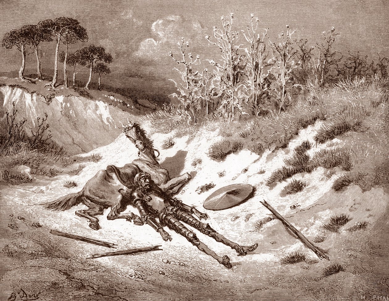Don Quichotte après sa défaite, Quichotte appelle sa dame idéale Dulcinée del Toboso. Gravure de Gustave Doré pour "L
