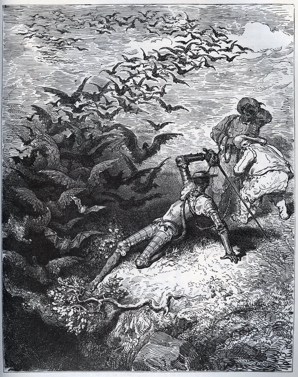 Don Quichotte à la grotte de Montesinos - Un nombre infini de corbeaux et de freux sortent de la grotte de Montesinos, renversant Don Quichotte au sol (II, 22) - de « Don Quichotte de la Manche » de Miguel Cervantes (1547-1616) - Gravure sur bois d