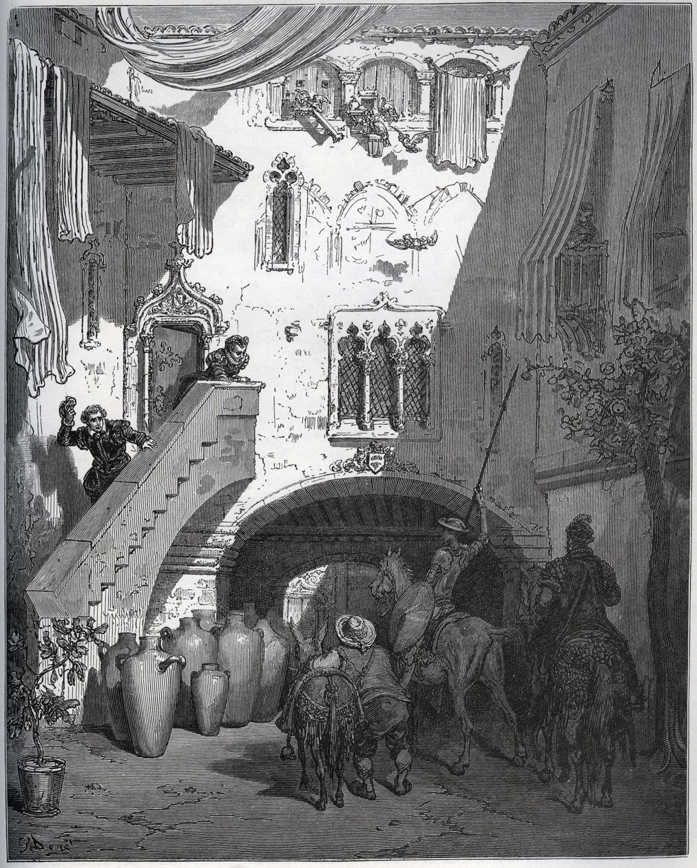 Don Quichotte et Sancho Panza, invités par Don Diego de Miranda chez lui, sont accueillis par la femme et le fils du gentilhomme - de "Don Quichotte de la Manche" par Miguel Cervantes (1547-1616) - Gravure sur bois d