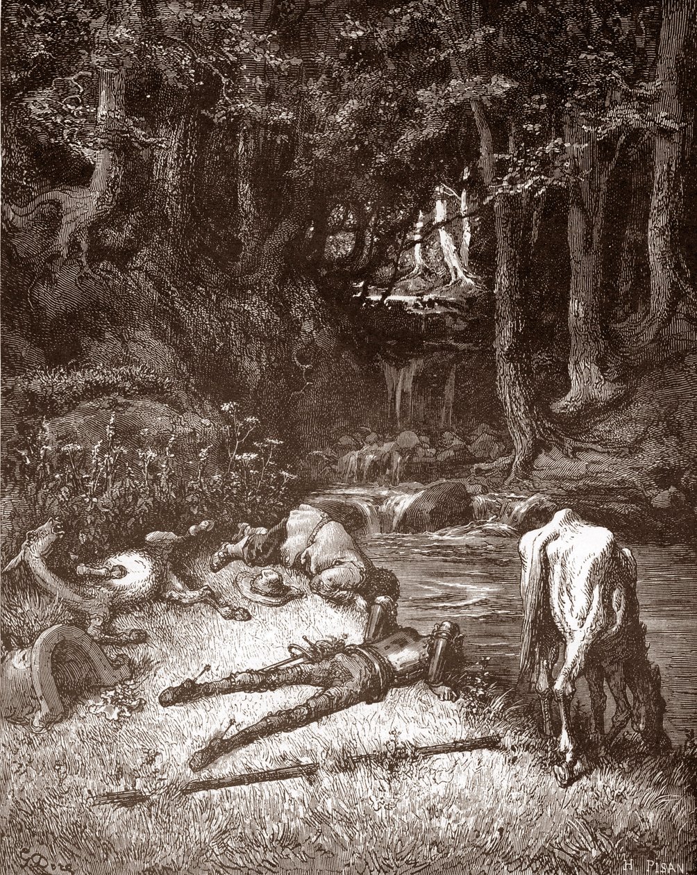 Don Quichotte et Sancho Panza se rafraîchissent à un ruisseau Gravure de Gustave Doré (1832-1883) pour « L