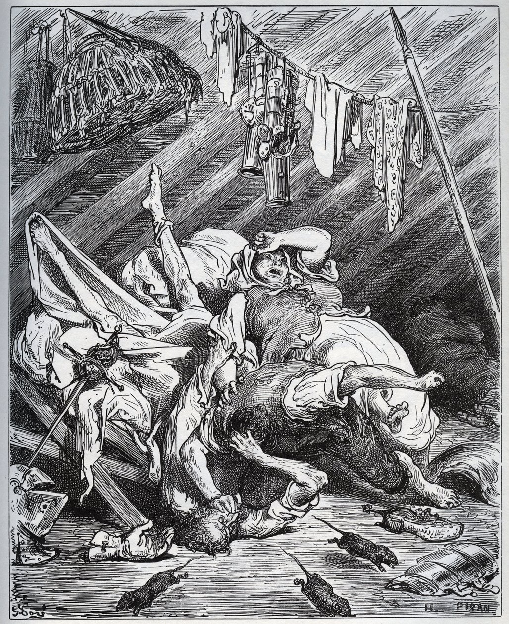 Don Quichotte et un muletier se battant pour Maritornes, la gouvernante, que Don Quichotte prend pour sa Dulcinée - de "Don Quichotte de la Manche" par Miguel Cervantes (1547-1616) - Gravure sur bois d