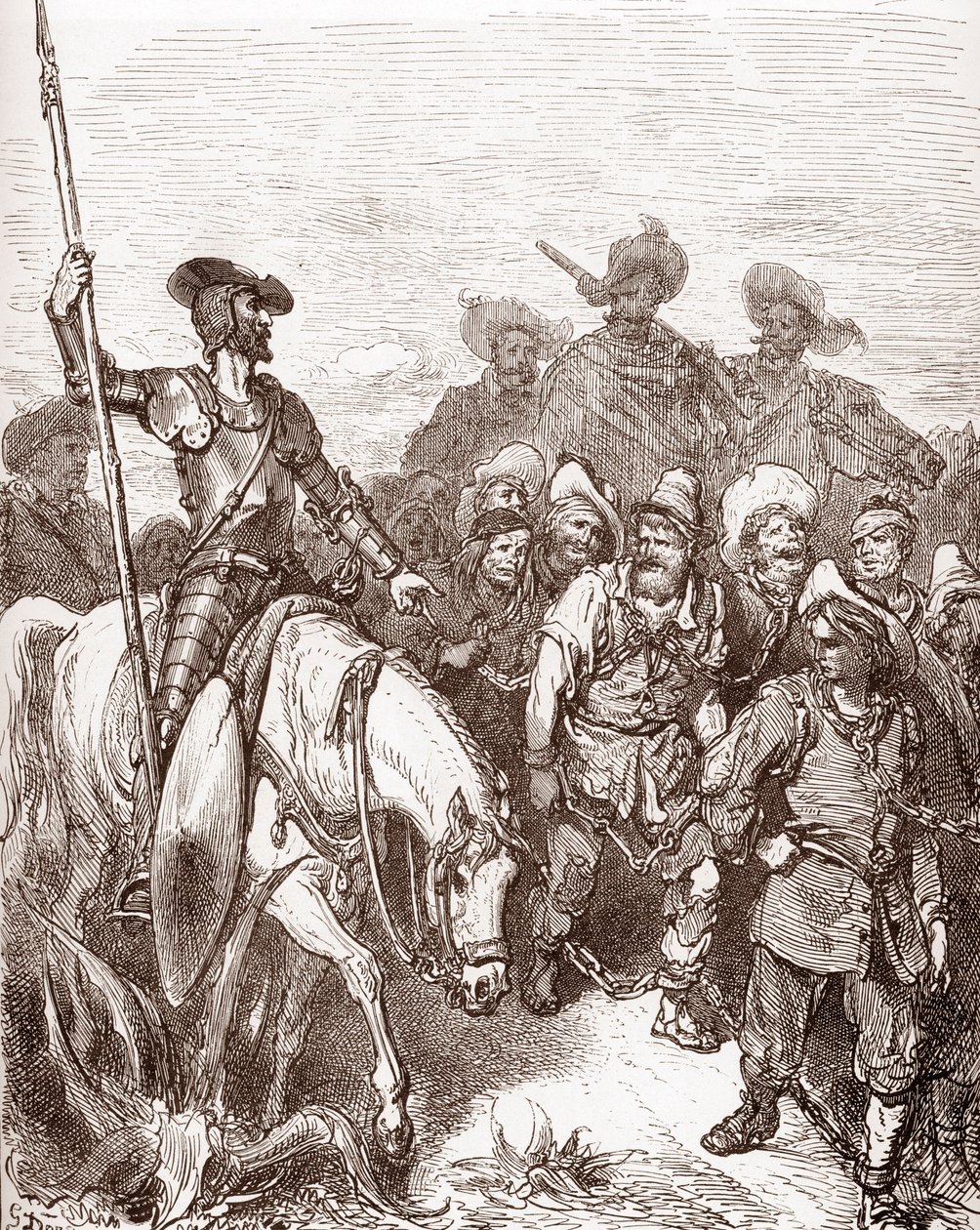 Don Quichotte et Sancho Panza interrogent les criminels conduits aux galères. Gravure de Gustave Doré pour "L