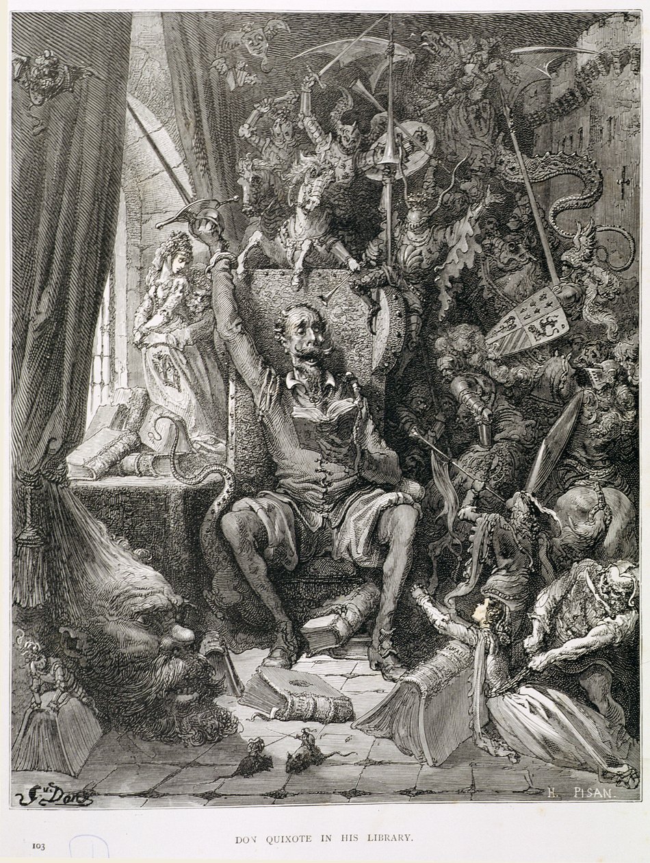 Don Quichotte dans sa bibliothèque, gravé par Heliodore Joseph Pisan (1822-90) c.1868 - Gustave Dore