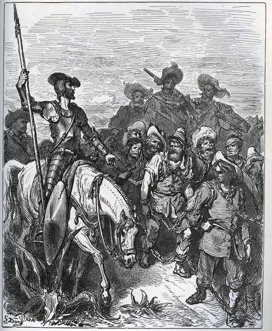 Don Quichotte interroge les forces sur les raisons de leurs condamnations - de « Don Quichotte de la Manche » par Miguel Cervantes (1547-1616) (Don Quichotte) - Gravure sur bois d